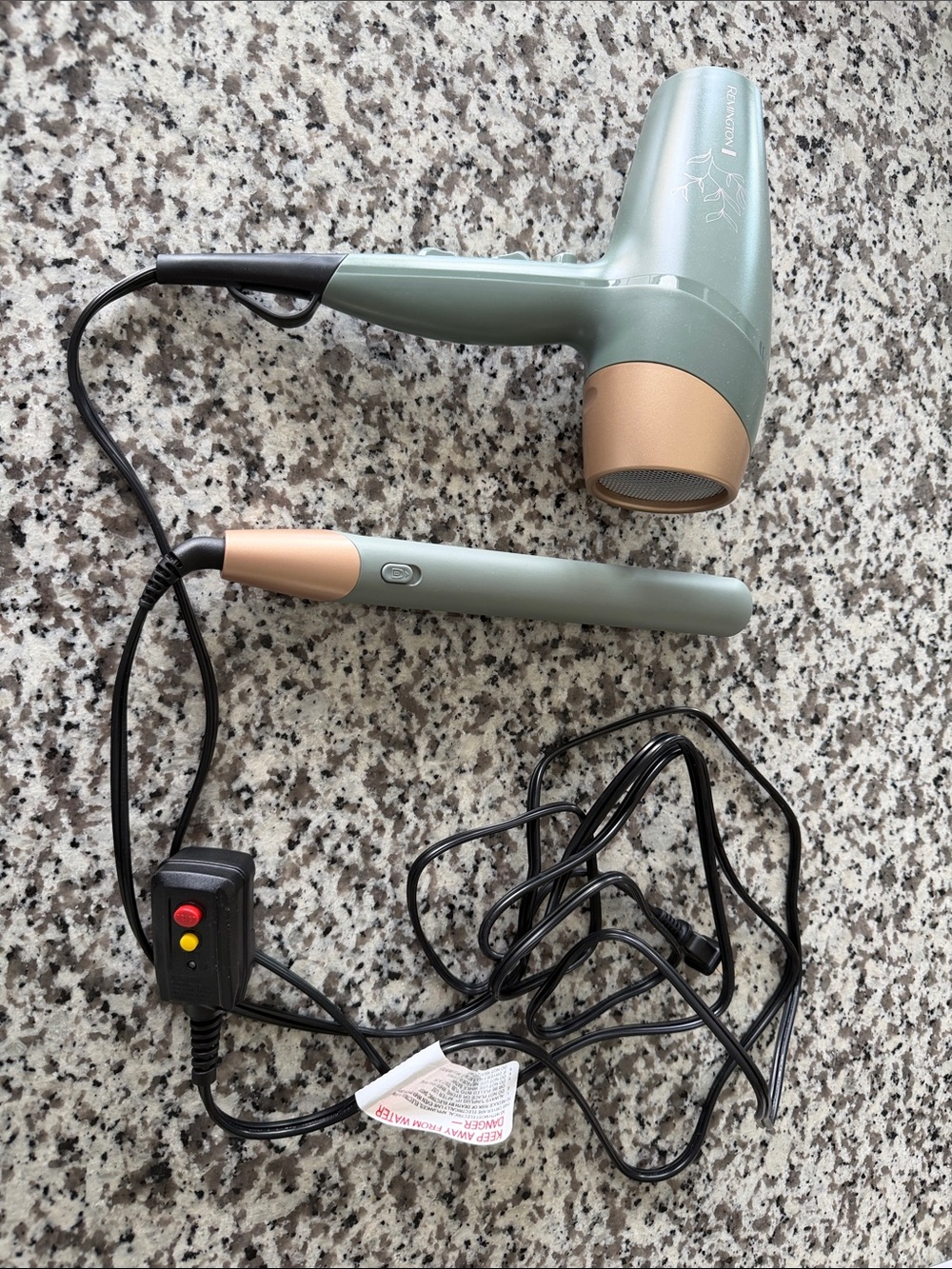 Remington Sage Green Hair Dryer and Rose Gold Accent Flat Iron Set